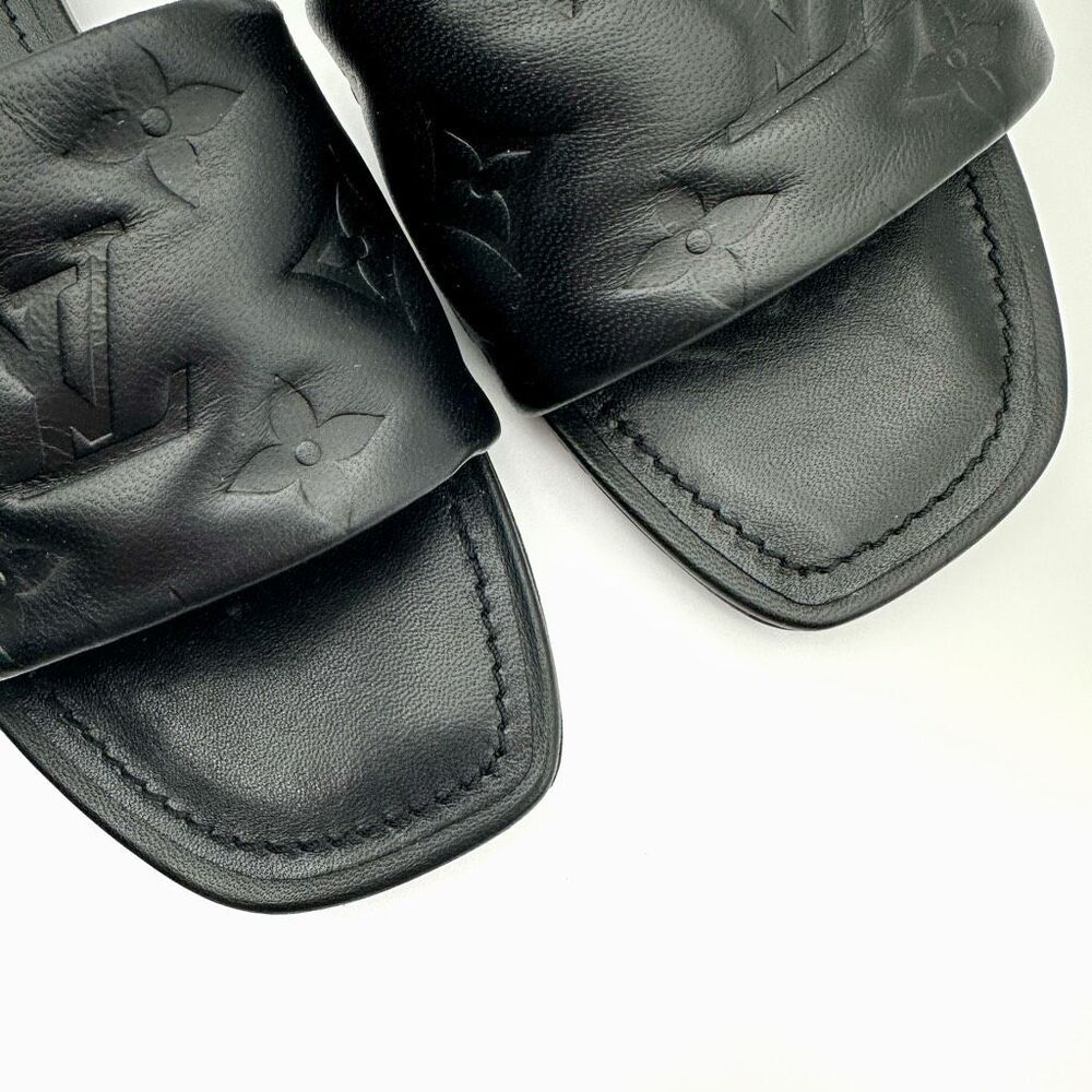 LOUIS VUITTON Embossed Monogram Revival Flat Mules Size 37 Black Logo Slides - Picture 4 of 12